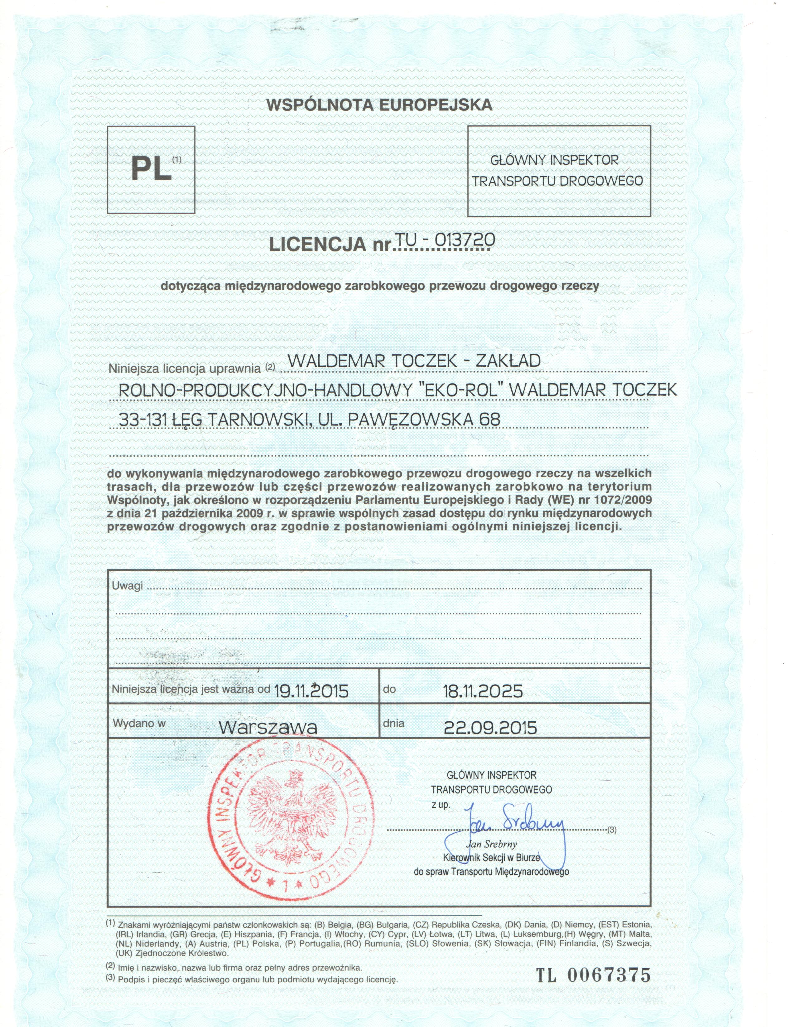 Licencja Transport Międzynarodowy